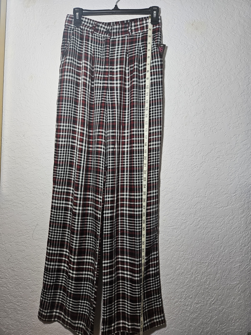 No Boundaries Wide-Leg Plaid Pants in Burgundy, Black & White